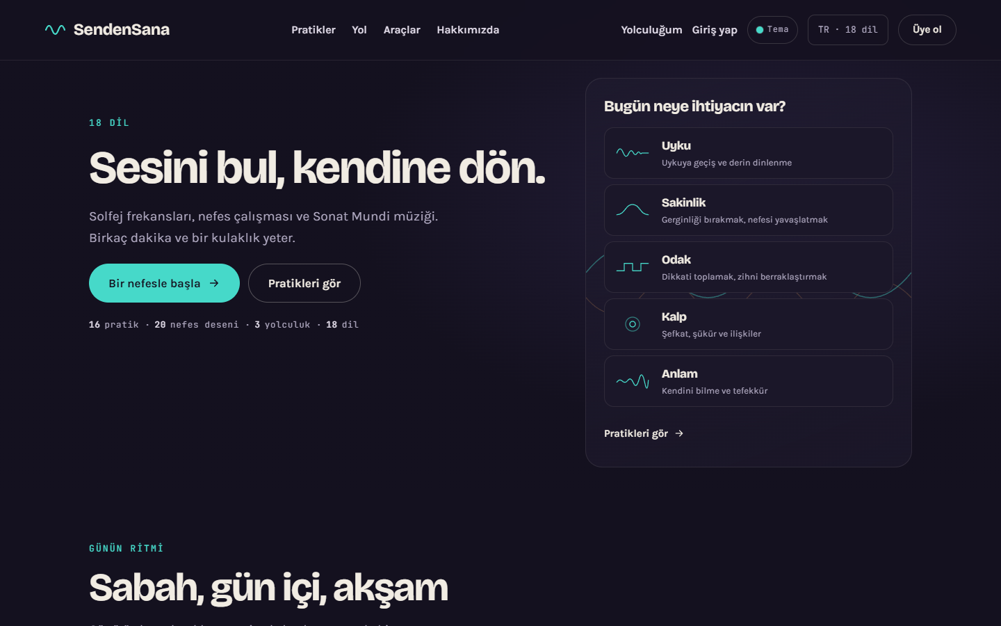 sendensana.com ana sayfa, gece teması